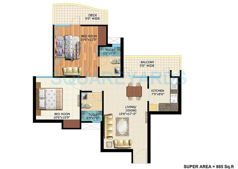 Floor plan of 2 BHK 985 Sq. Ft. Apartment in Antriksh Golf View - II, Noida