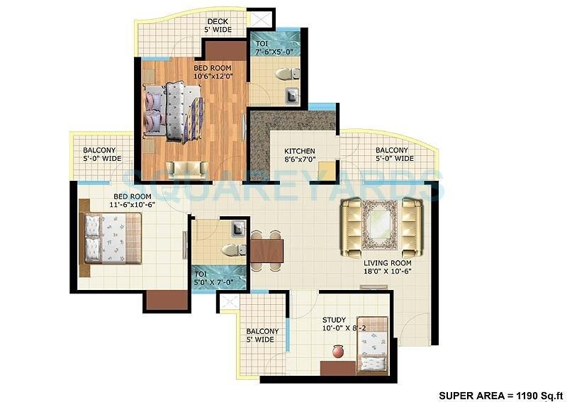 Floor plan of 2 BHK 1190 Sq. Ft. Apartment in Antriksh Golf View - II, Noida