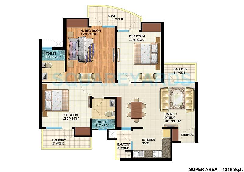 Floor plan of 3 BHK 1345 Sq. Ft. Apartment in Antriksh Golf View - II, Noida