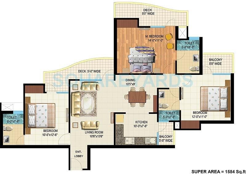 Floor plan of 3 BHK 1584 Sq. Ft. Apartment in Antriksh Golf View - II, Noida