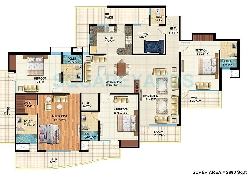 Floor plan of 4 BHK 2680 Sq. Ft. Apartment in Antriksh Golf View - II, Noida