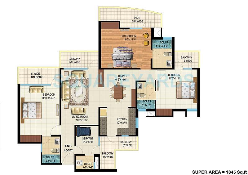 Floor plan of 3 BHK 1845 Sq. Ft. Apartment in Antriksh Golf View - II, Noida