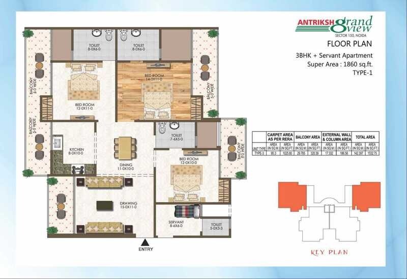 Floor plan of 3 BHK 1860 Sq. Ft. Apartment in Antriksh Grand View, Noida