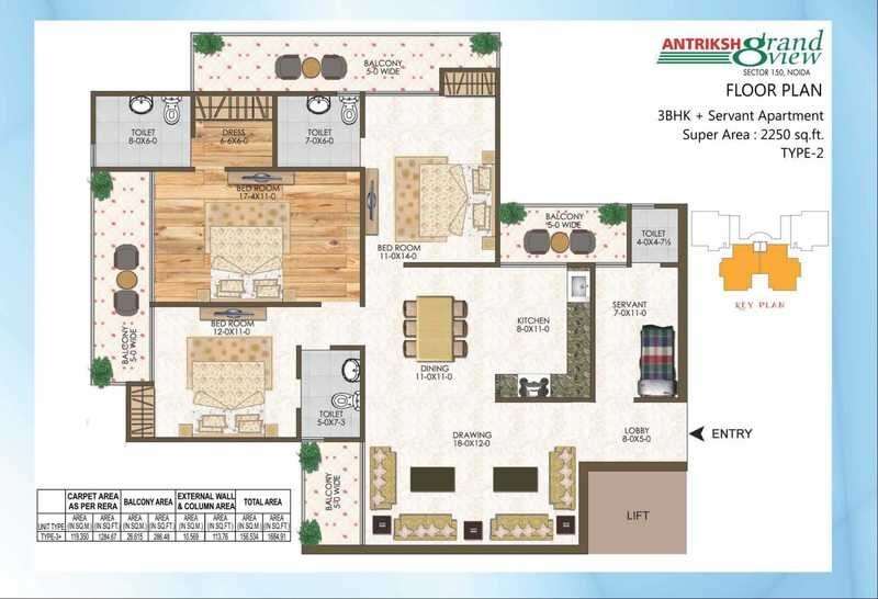 Floor plan of 3 BHK 2250 Sq. Ft. Apartment in Antriksh Grand View, Noida