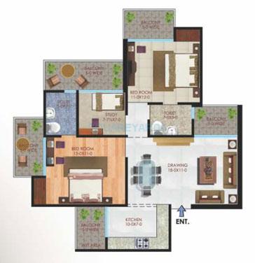 Floor plan of 2 BHK 1295 Sq. Ft. Apartment in Apex Athena, Noida