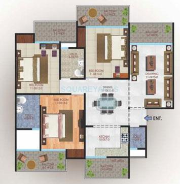 Floor plan of 3 BHK 1670 Sq. Ft. Apartment in Apex Athena, Noida