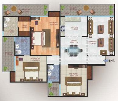 Floor plan of 3 BHK 1895 Sq. Ft. Apartment in Apex Athena, Noida