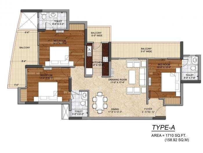 Floor plan of 3 BHK 1710 Sq. Ft. Apartment in Ashiana Amaltas, Noida