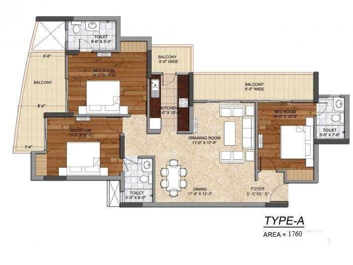 Floor plan of 3 BHK 1760 Sq. Ft. Apartment in Ashiana Amaltas, Noida