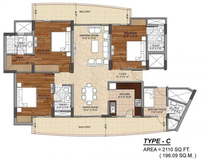 Floor plan of 3 BHK 2110 Sq. Ft. Apartment in Ashiana Amaltas, Noida