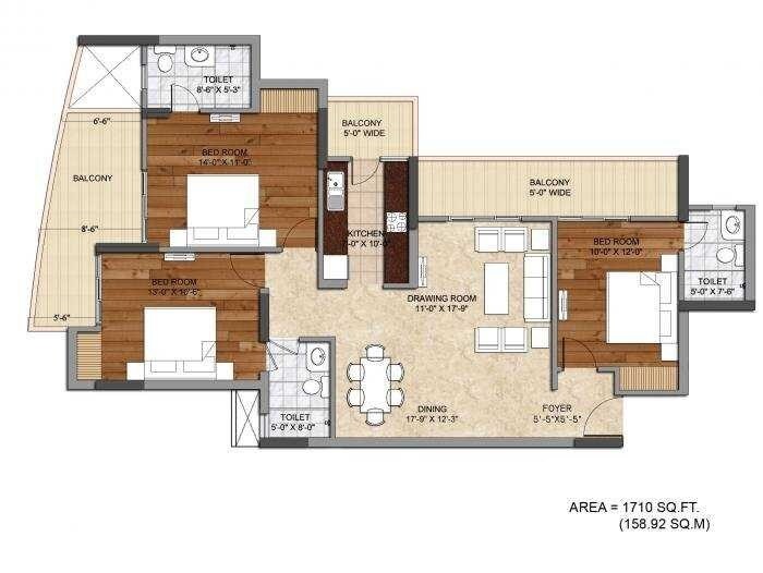 Floor plan of 3 BHK 1710 Sq. Ft. Apartment in Ashiana Sports City, Noida