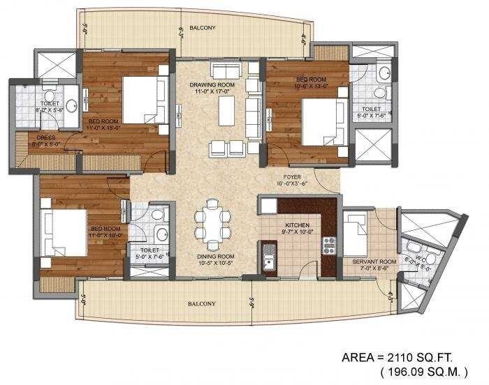 Floor plan of 3 BHK 2110 Sq. Ft. Apartment in Ashiana Sports City, Noida