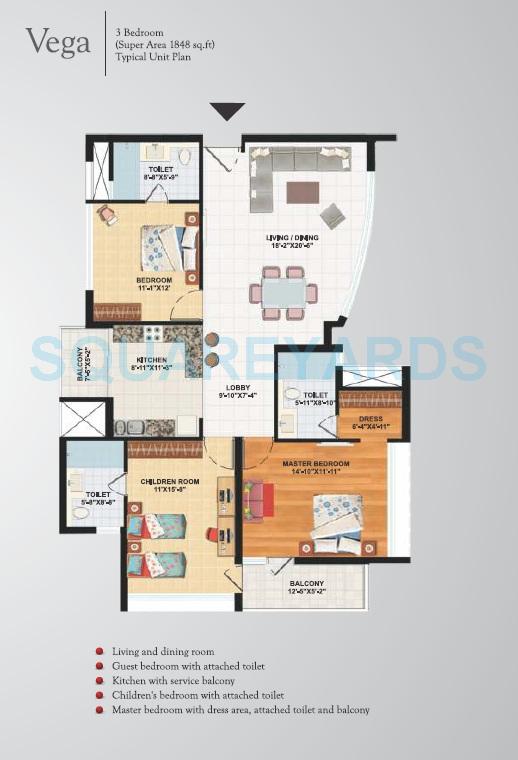 Floor plan of 3 BHK 1848 Sq. Ft. Apartment in Assotech Celeste Towers, Noida