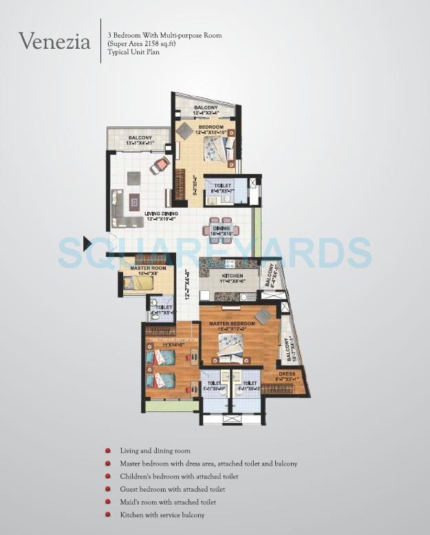 Floor plan of 3 BHK 2158 Sq. Ft. Apartment in Assotech Celeste Towers, Noida