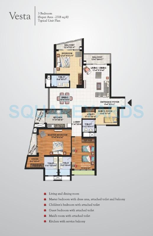 Floor plan of 3 BHK 2318 Sq. Ft. Apartment in Assotech Celeste Towers, Noida