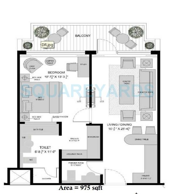 Floor plan of 1 BHK 975 Sq. Ft. Apartment in Assotech Sandal Suites, Noida
