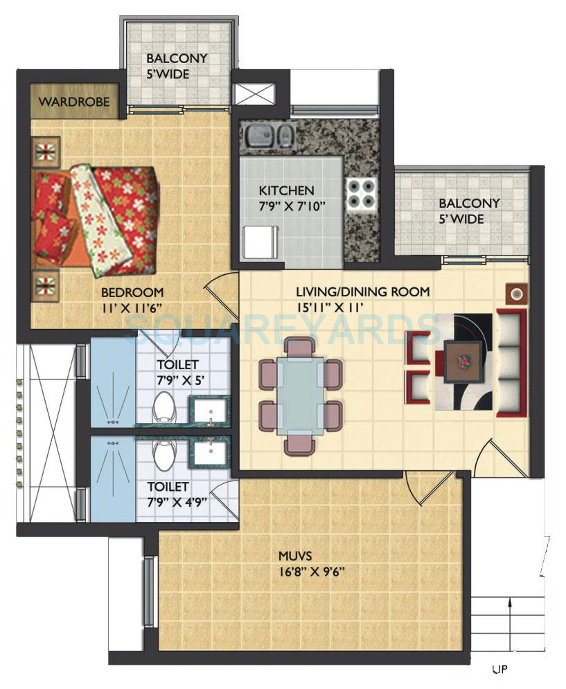 Floor plan of 2 BHK 990 Sq. Ft. Apartment in Assotech Windsor Court, Noida