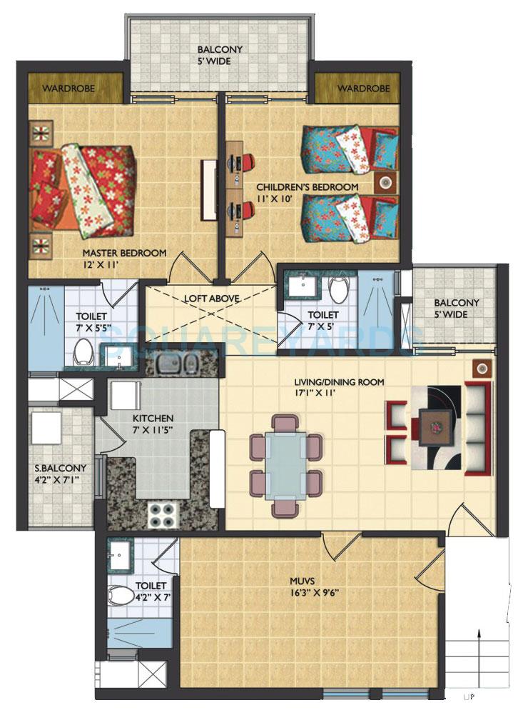 Floor plan of 3 BHK 1390 Sq. Ft. Apartment in Assotech Windsor Court, Noida