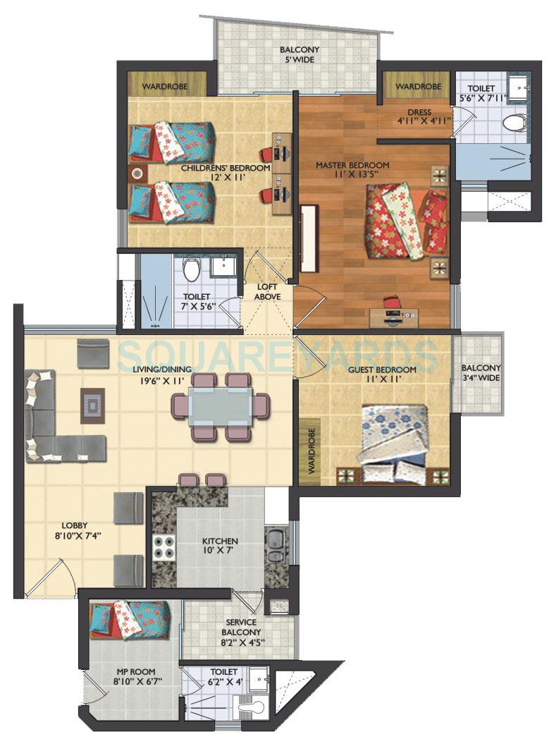 Floor plan of 3 BHK 1645 Sq. Ft. Apartment in Assotech Windsor Court, Noida