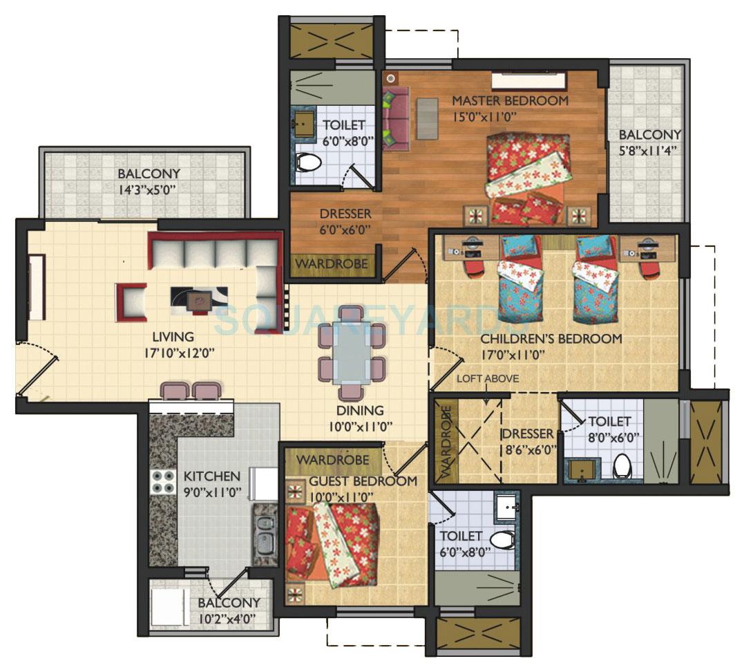 Floor plan of 3 BHK 1875 Sq. Ft. Apartment in Assotech Windsor Court, Noida