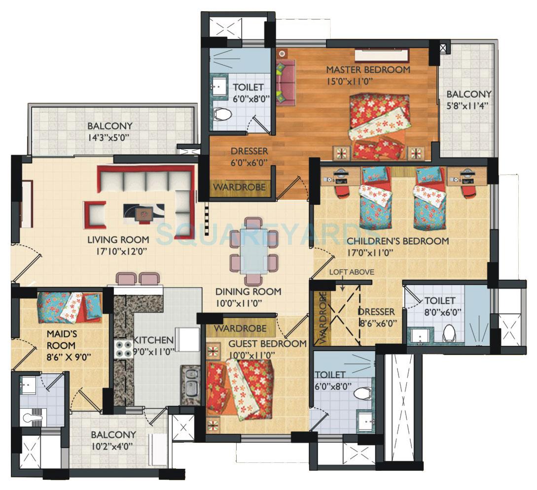 Floor plan of 3 BHK 2000 Sq. Ft. Apartment in Assotech Windsor Court, Noida