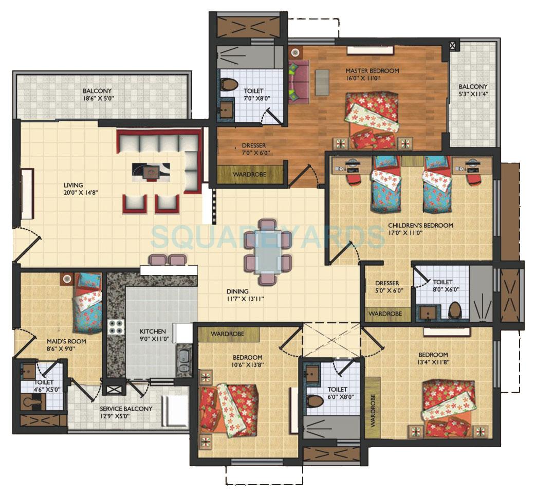 Floor plan of 4 BHK 2550 Sq. Ft. Apartment in Assotech Windsor Court, Noida