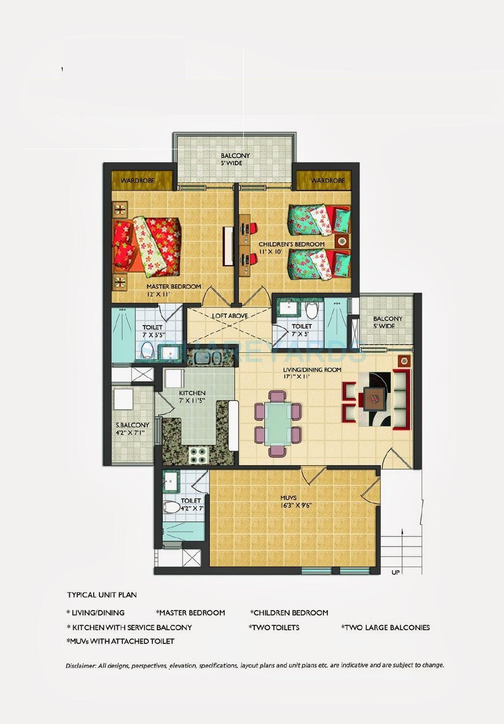 Floor plan of 3 BHK 1100 Sq. Ft. Apartment in Assotech Windsor Greens, Noida
