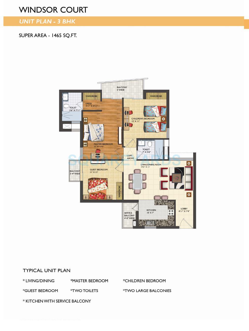 Floor plan of 3 BHK 1465 Sq. Ft. Apartment in Assotech Windsor Greens, Noida