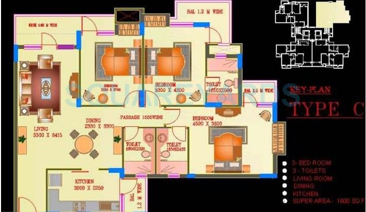 Floor plan of 3 BHK 1600 Sq. Ft. Apartment in ATS Green II, Noida