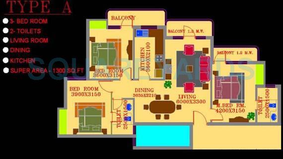 Floor plan of 3 BHK 1300 Sq. Ft. Apartment in ATS Green Village, Noida