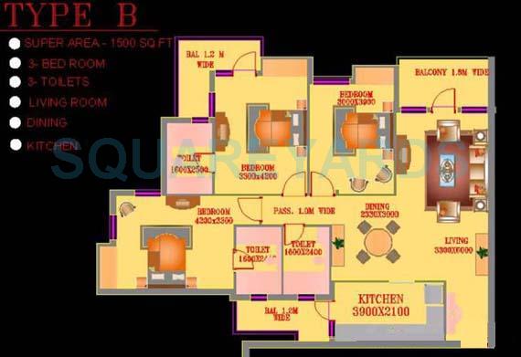 Floor plan of 3 BHK 1500 Sq. Ft. Apartment in ATS Green Village, Noida