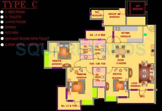 Floor plan of 3 BHK 1750 Sq. Ft. Apartment in ATS Green Village, Noida