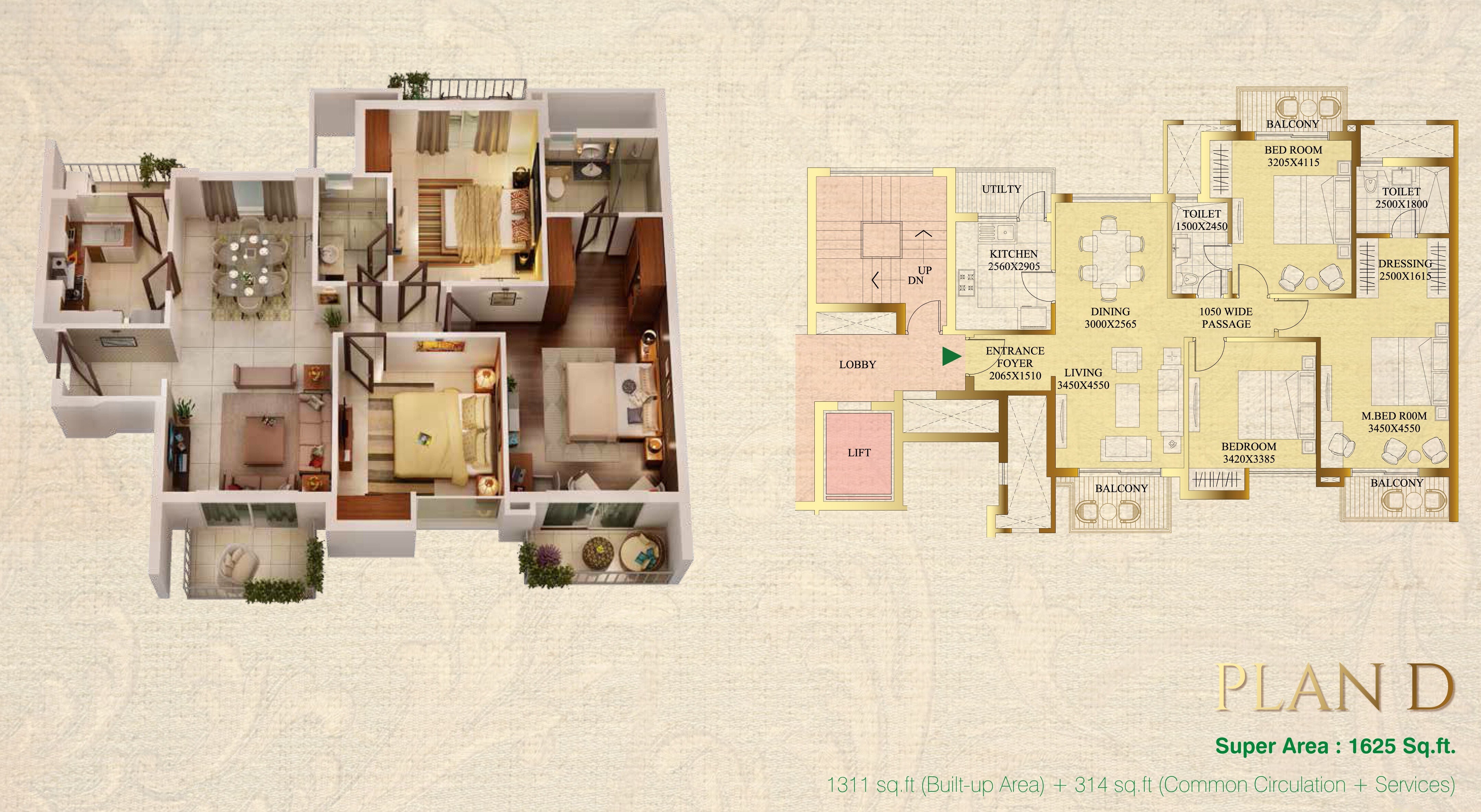 Floor plan of 3 BHK 1625 Sq. Ft. Apartment in ATS Le Grandiose, Noida
