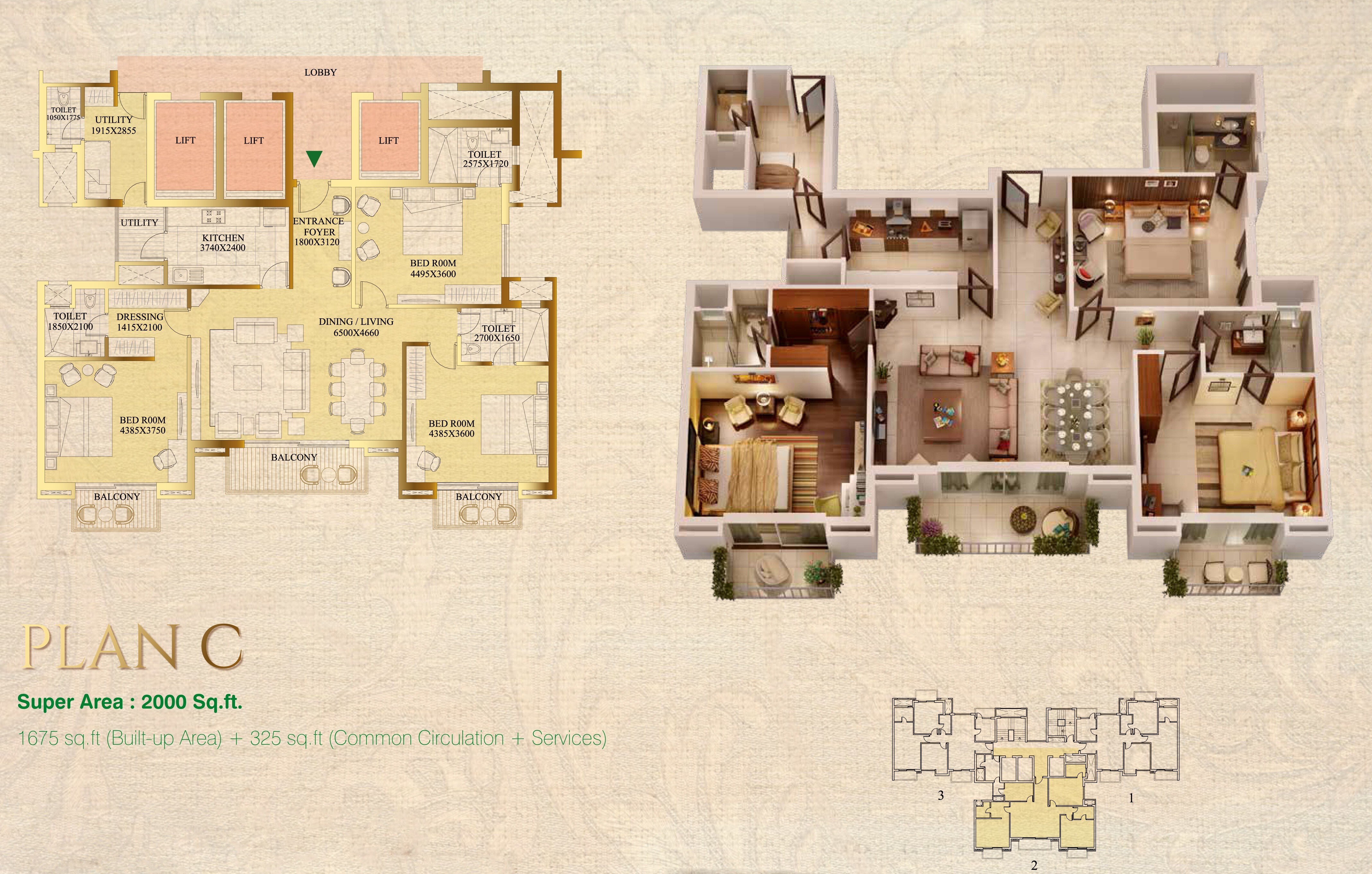Floor plan of 3 BHK 2000 Sq. Ft. Apartment in ATS Le Grandiose, Noida