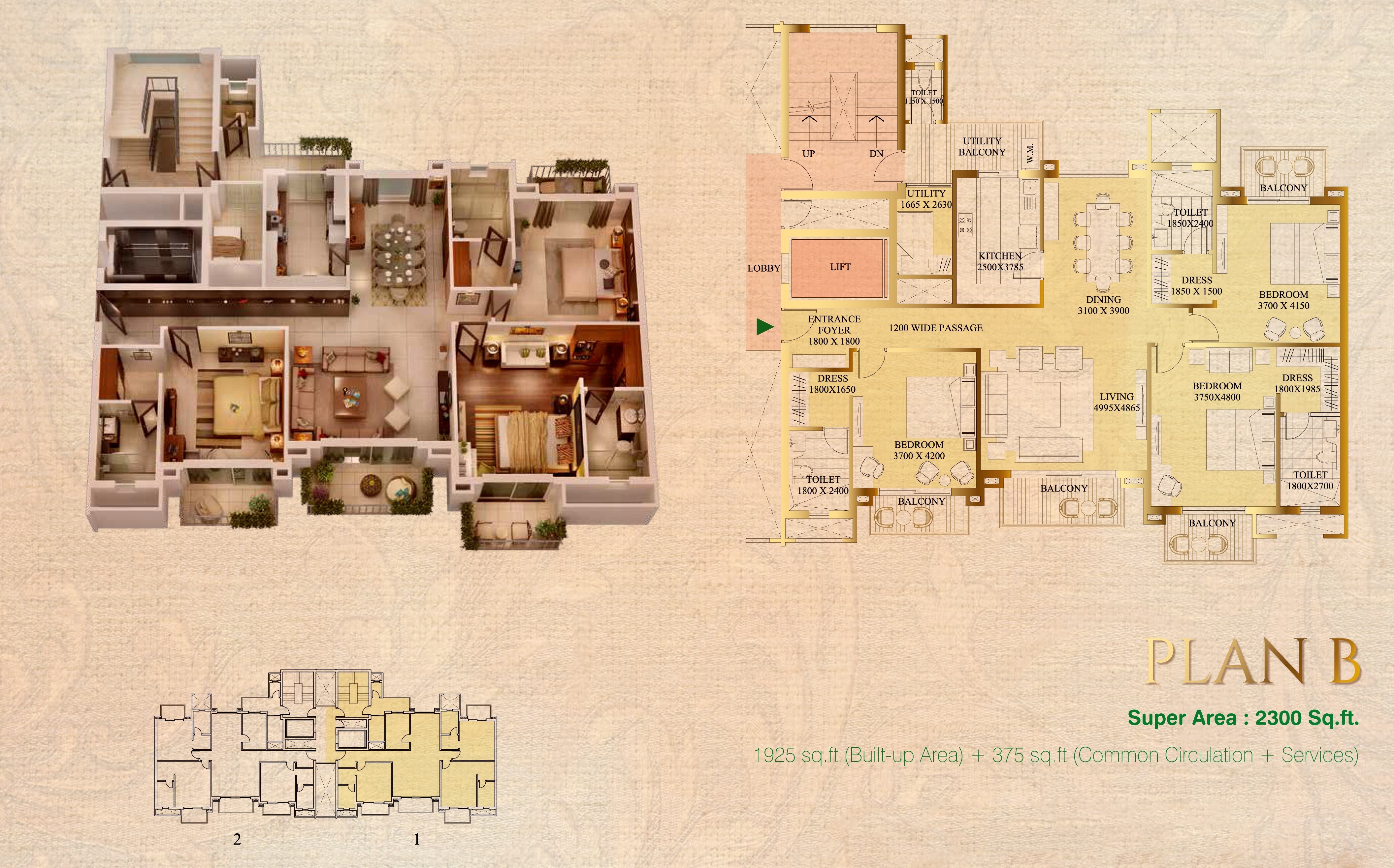 Floor plan of 3 BHK 2300 Sq. Ft. Apartment in ATS Le Grandiose, Noida