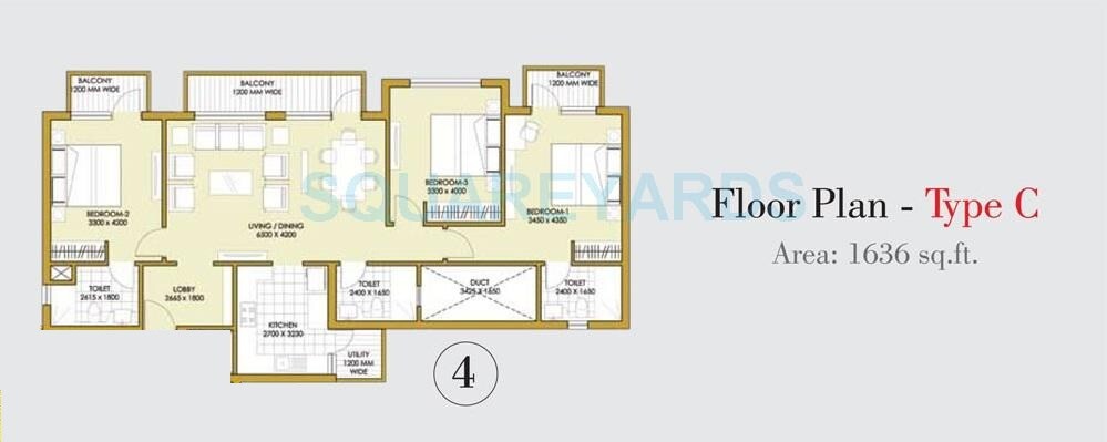 Floor plan of 3 BHK 1636 Sq. Ft. Apartment in ATS One Hamlet, Noida