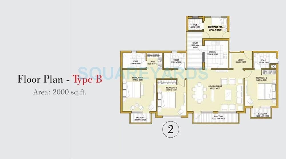 Floor plan of 3 BHK 2000 Sq. Ft. Apartment in ATS One Hamlet, Noida