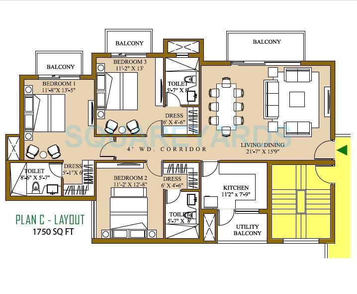 Floor plan of 3 BHK 1750 Sq. Ft. Apartment in ATS Pristine, Noida