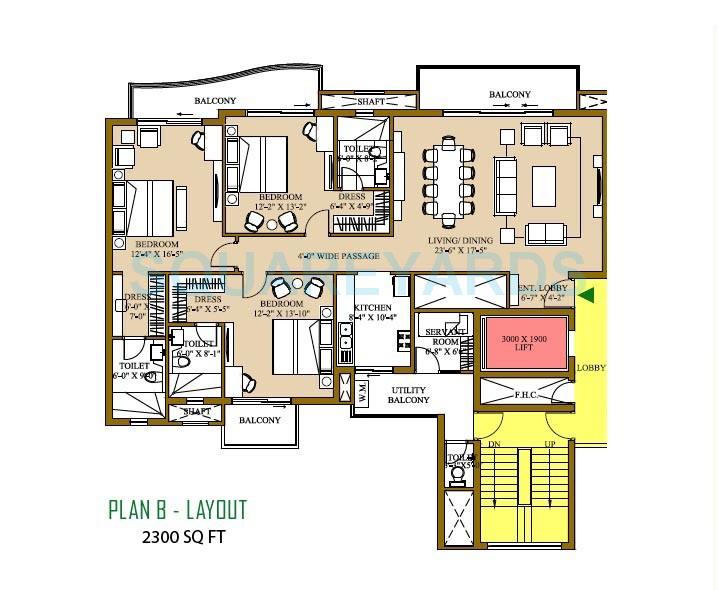 Floor plan of 3 BHK 2300 Sq. Ft. Apartment in ATS Pristine, Noida
