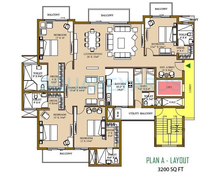 Floor plan of 4 BHK 3200 Sq. Ft. Apartment in ATS Pristine, Noida