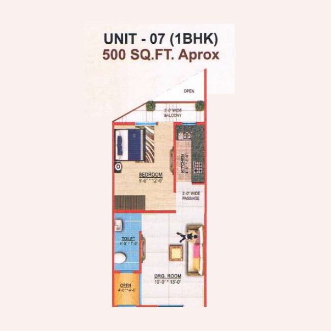 Floor plan of 1 BHK 500 Sq. Ft. Apartment in Brickland Harit Heights, Noida