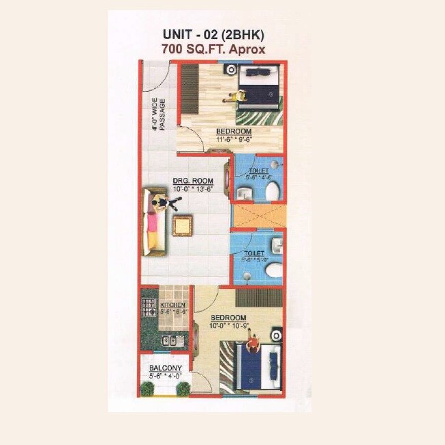 Floor plan of 2 BHK 700 Sq. Ft. Apartment in Brickland Harit Heights, Noida