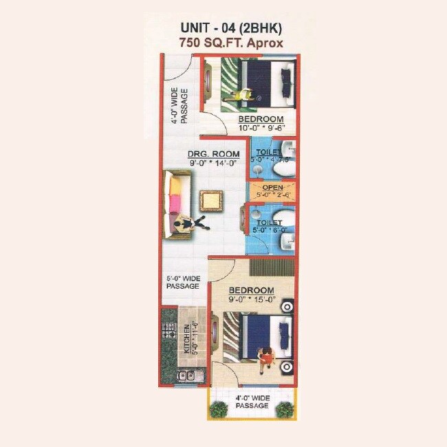 Floor plan of 2 BHK 750 Sq. Ft. Apartment in Brickland Harit Heights, Noida