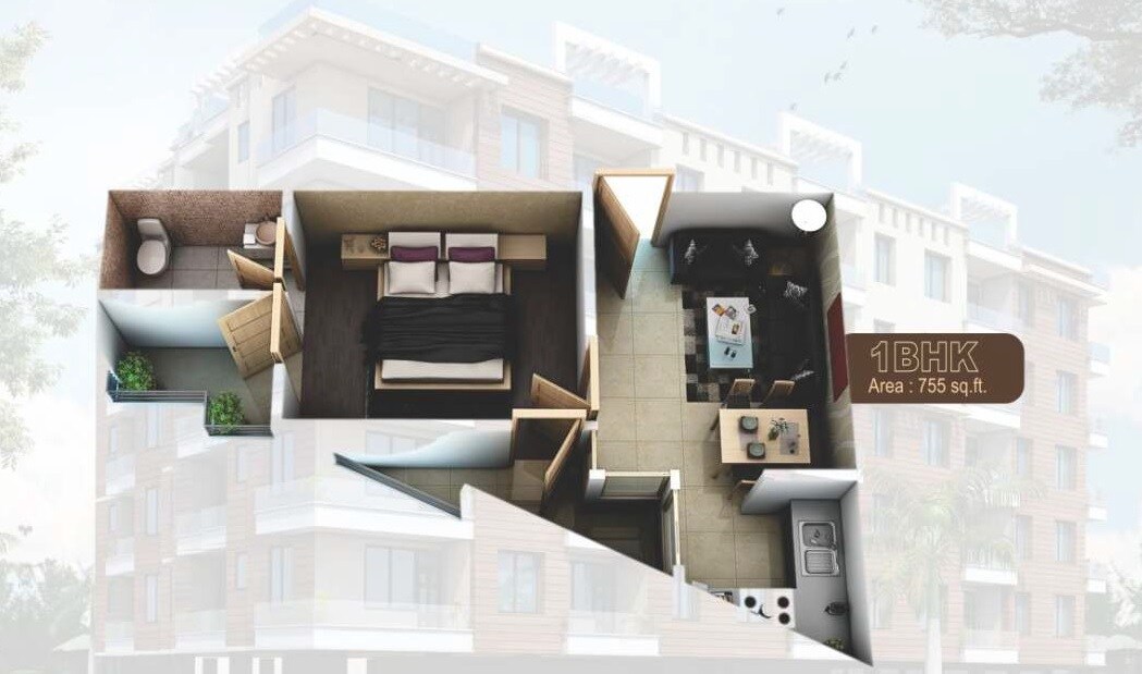 Floor plan of 1 BHK 755 Sq. Ft. Apartment in Buildcon Magadh Mansion Phase 2, Noida