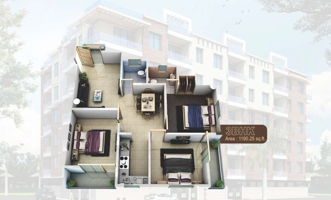 Floor plan of 3 BHK 1190 Sq. Ft. Apartment in Buildcon Magadh Mansion Phase 2, Noida