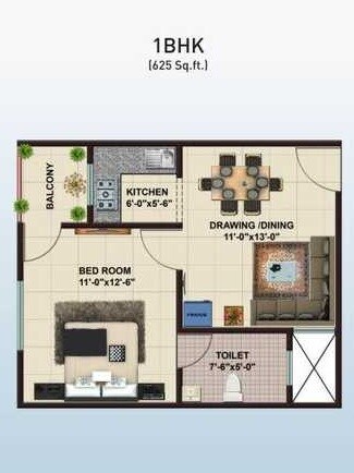 Floor plan of 1 BHK 625 Sq. Ft. Apartment in Buildcon Sangam Enclave, Noida