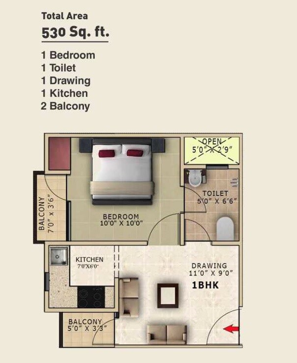 Floor plan of 1 BHK 530 Sq. Ft. Apartment in Buildlopers Hi Tech Homes, Noida