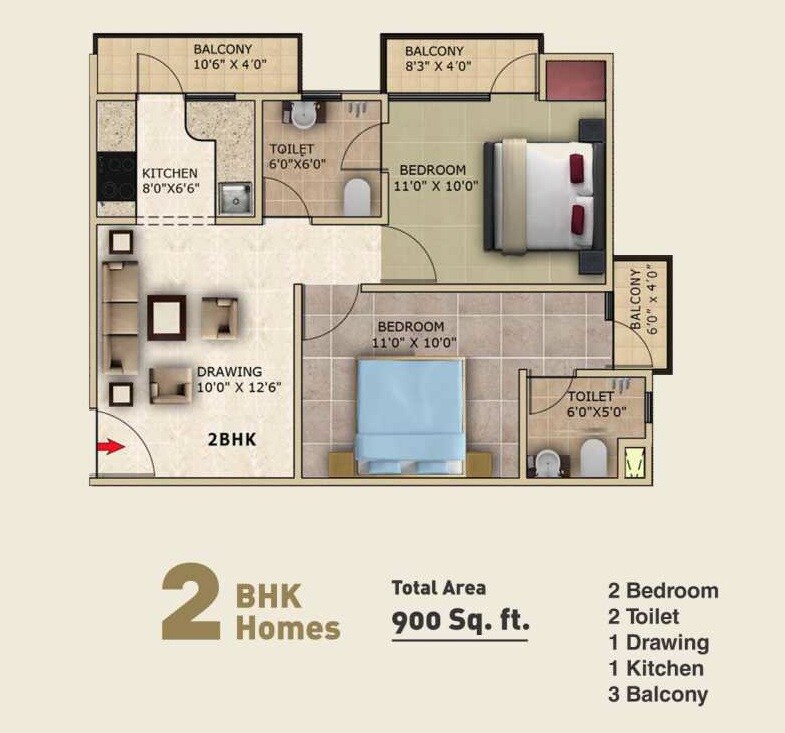 Floor plan of 2 BHK 900 Sq. Ft. Apartment in Buildlopers Hi Tech Homes, Noida