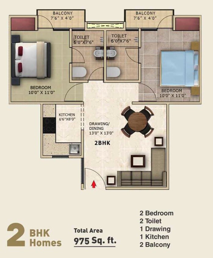 Floor plan of 2 BHK 975 Sq. Ft. Apartment in Buildlopers Hi Tech Homes, Noida