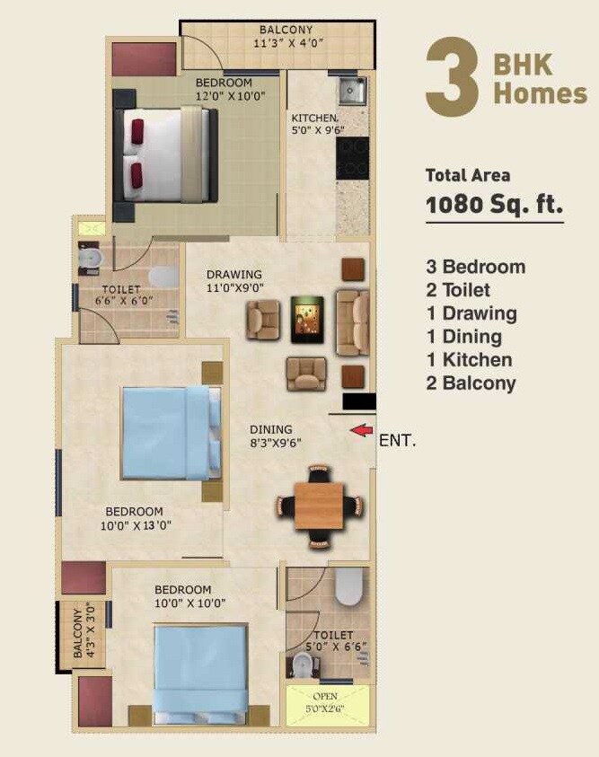 Floor plan of 3 BHK 1080 Sq. Ft. Apartment in Buildlopers Hi Tech Homes, Noida
